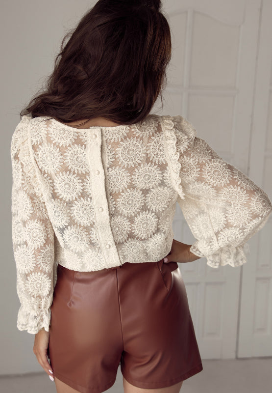 Flower Jacquard Flounce Sleeve Top