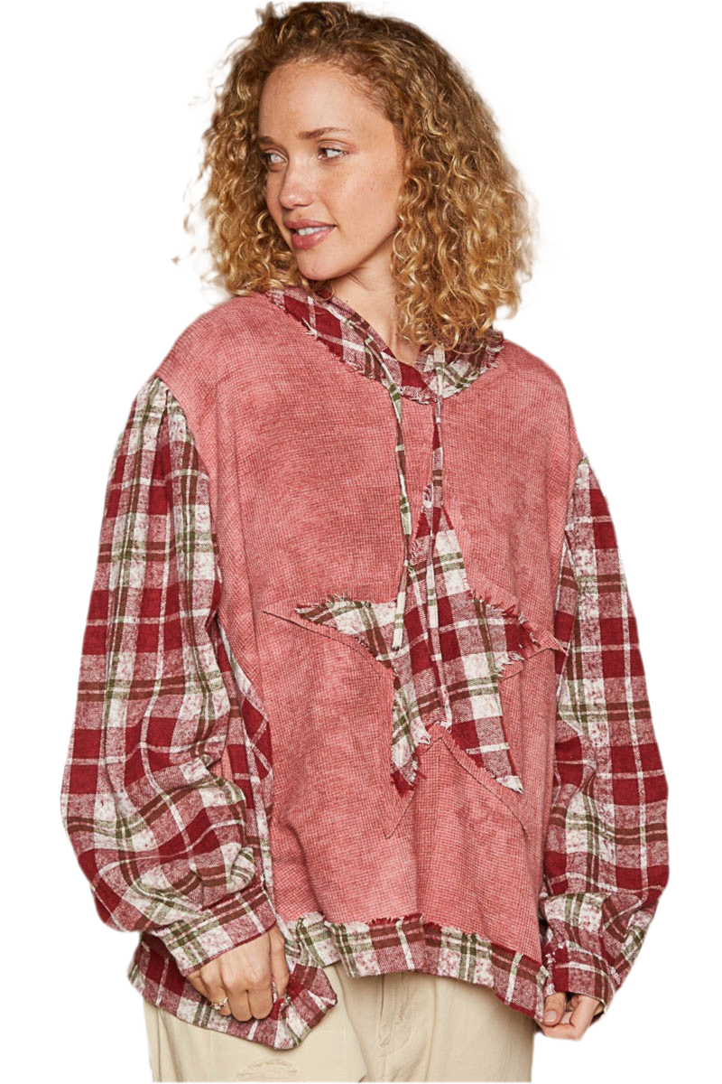 POL Star Patch Plaid Long Sleeve Hooded Top