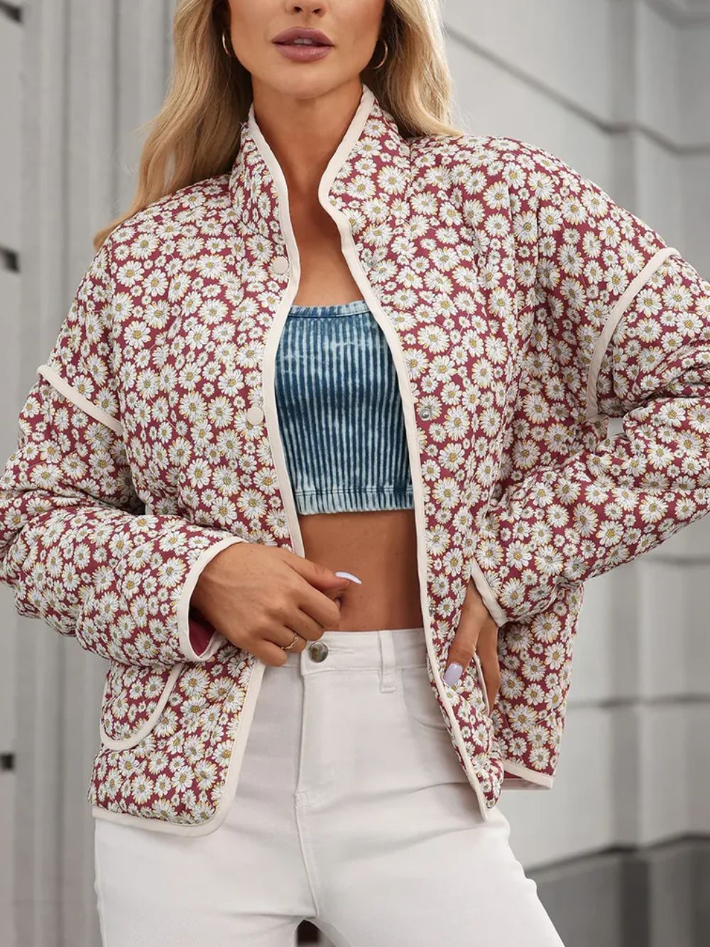 Winter Daisies Quilted Snap Button Jacket