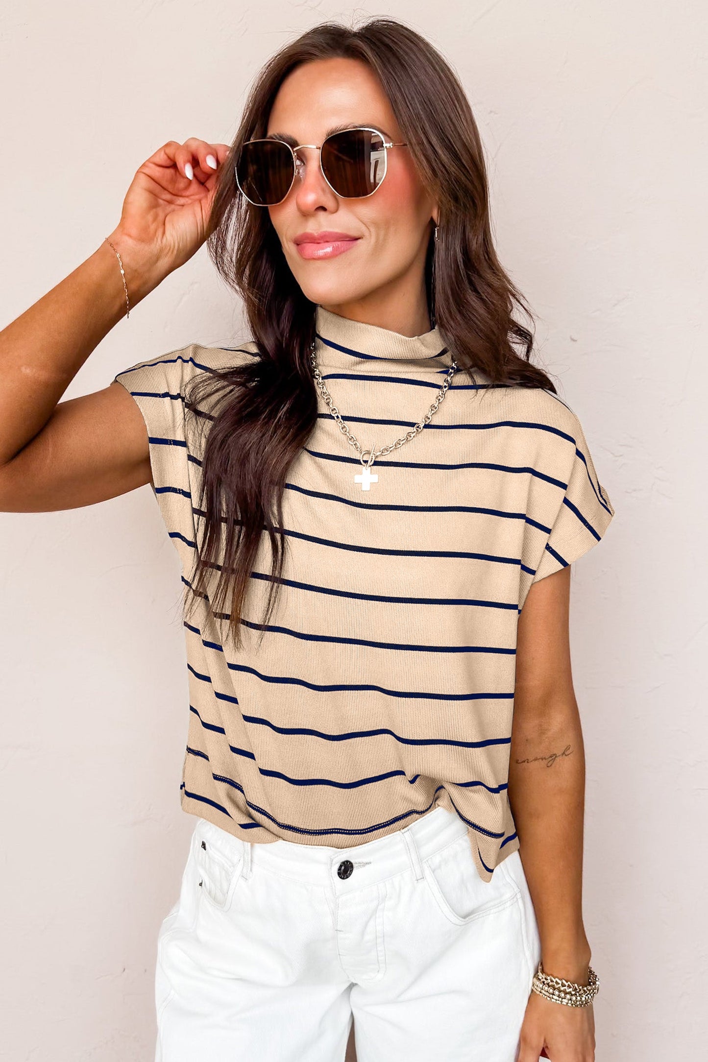 Stripe Mock Neck Short Sleeve Loose Top
