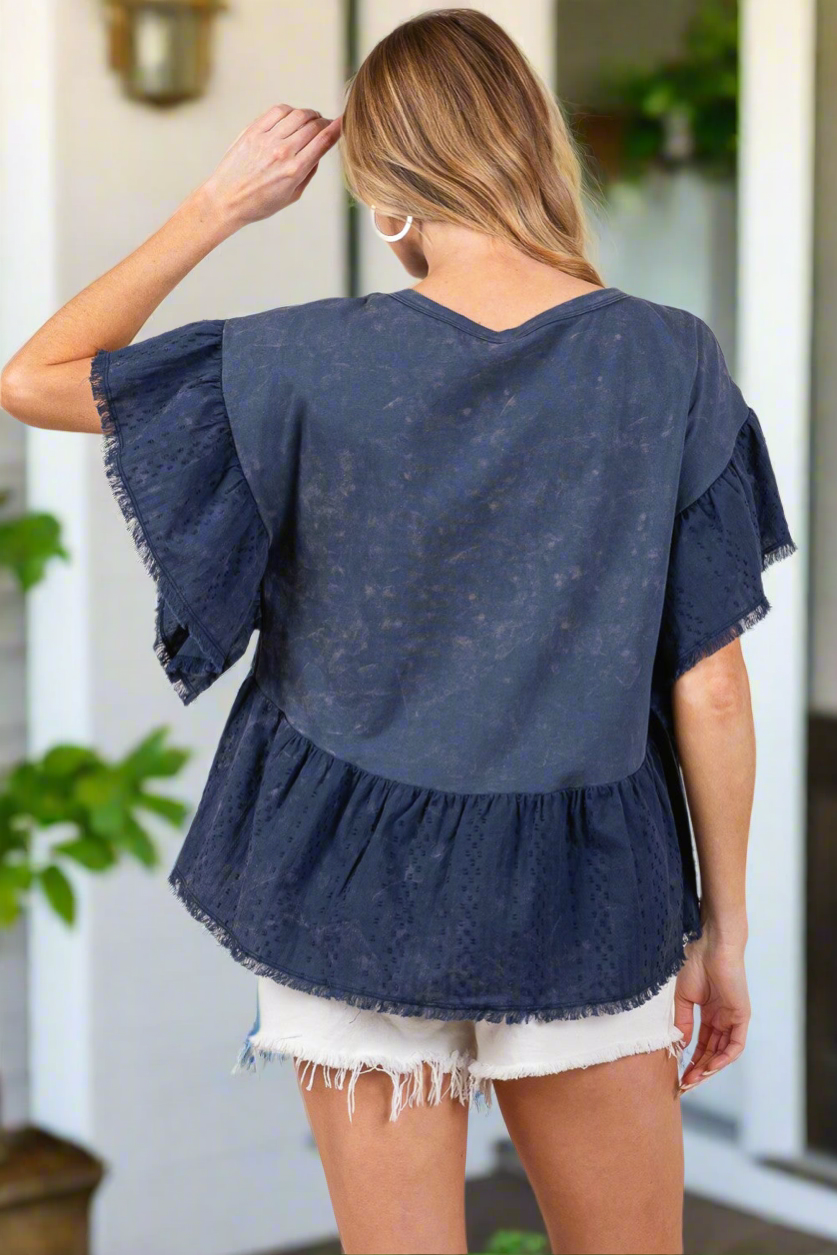 SAGE + FIG Ruffle Sleeve Washed Short Sleeve Top