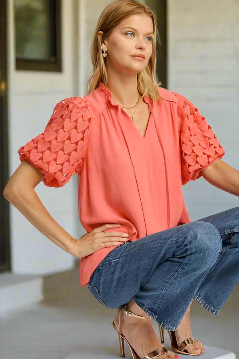 Umgee Full Heart Lace Sleeve Ruffle Top