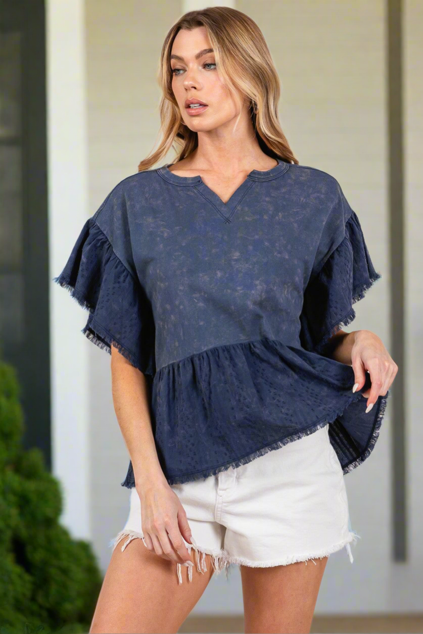 SAGE + FIG Ruffle Sleeve Washed Short Sleeve Top