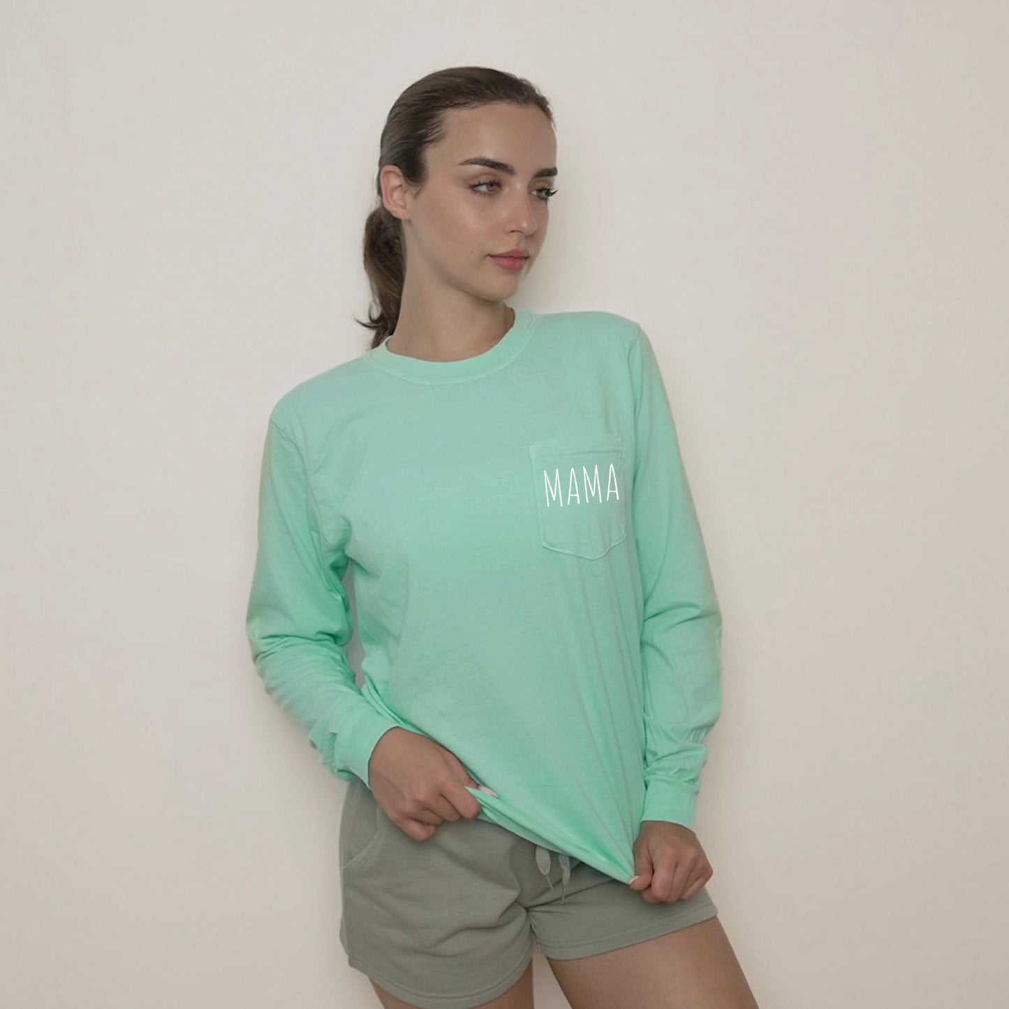 Comfort Colors Mama Pocket Long Sleeve Shirt (Cute)