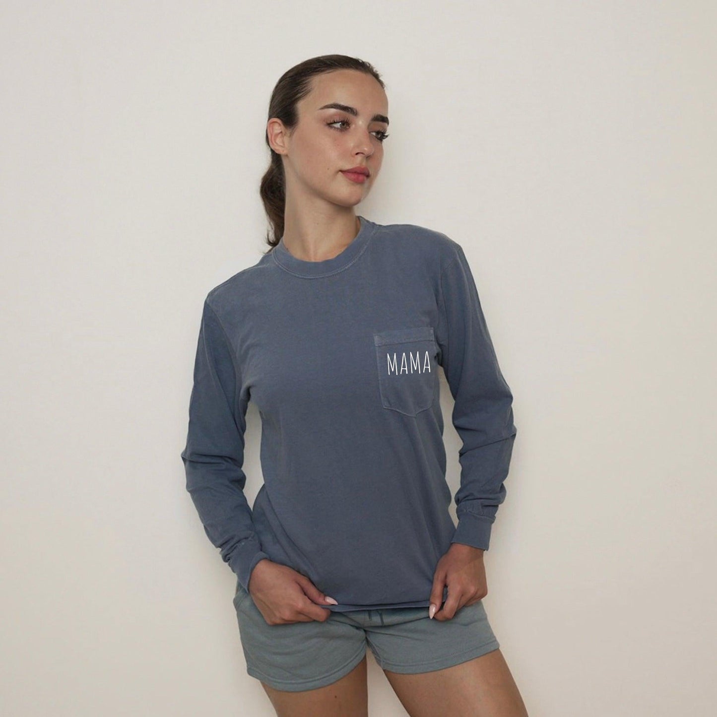 Comfort Colors Mama Pocket Long Sleeve Shirt (Cute)