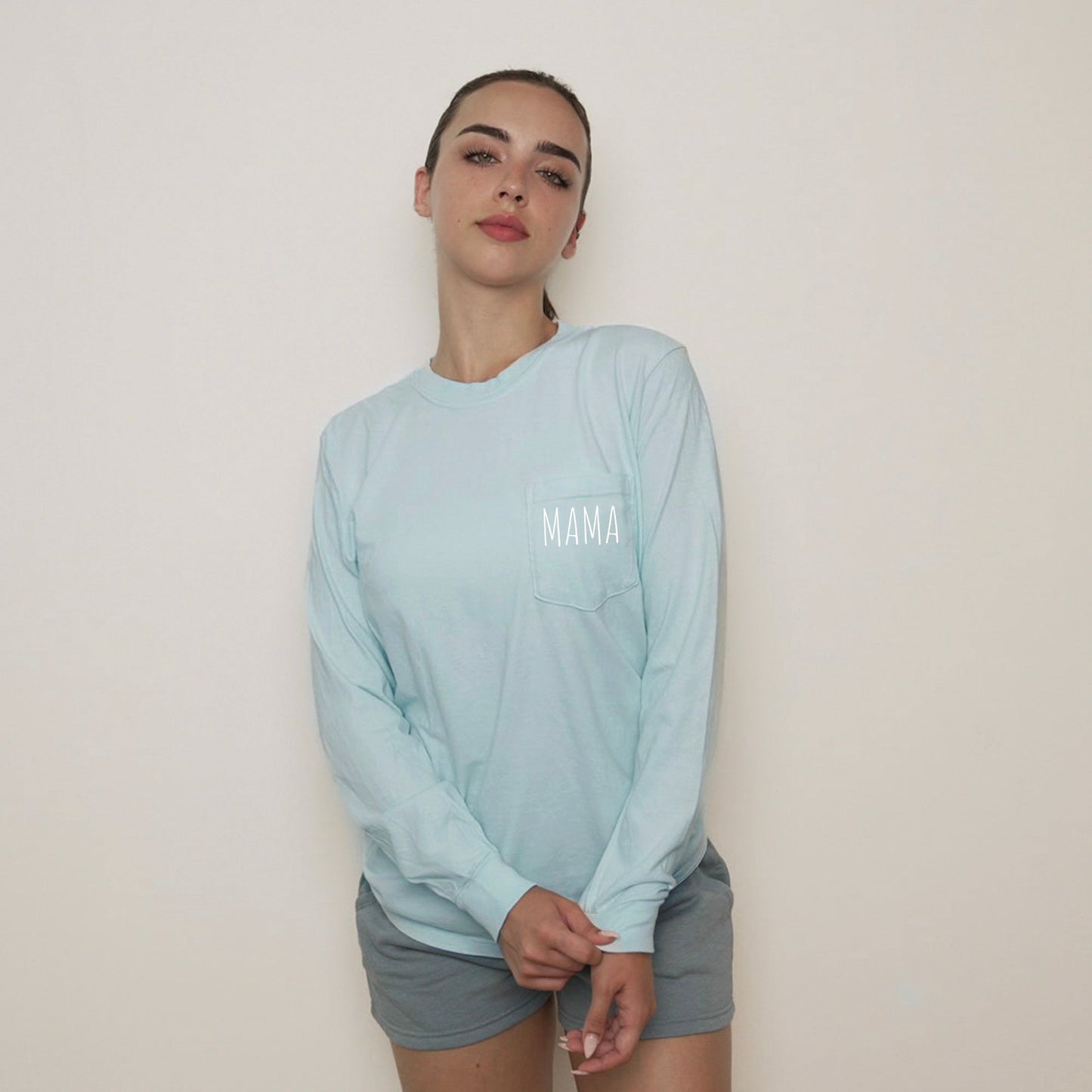 Comfort Colors Mama Pocket Long Sleeve Shirt (Cute)