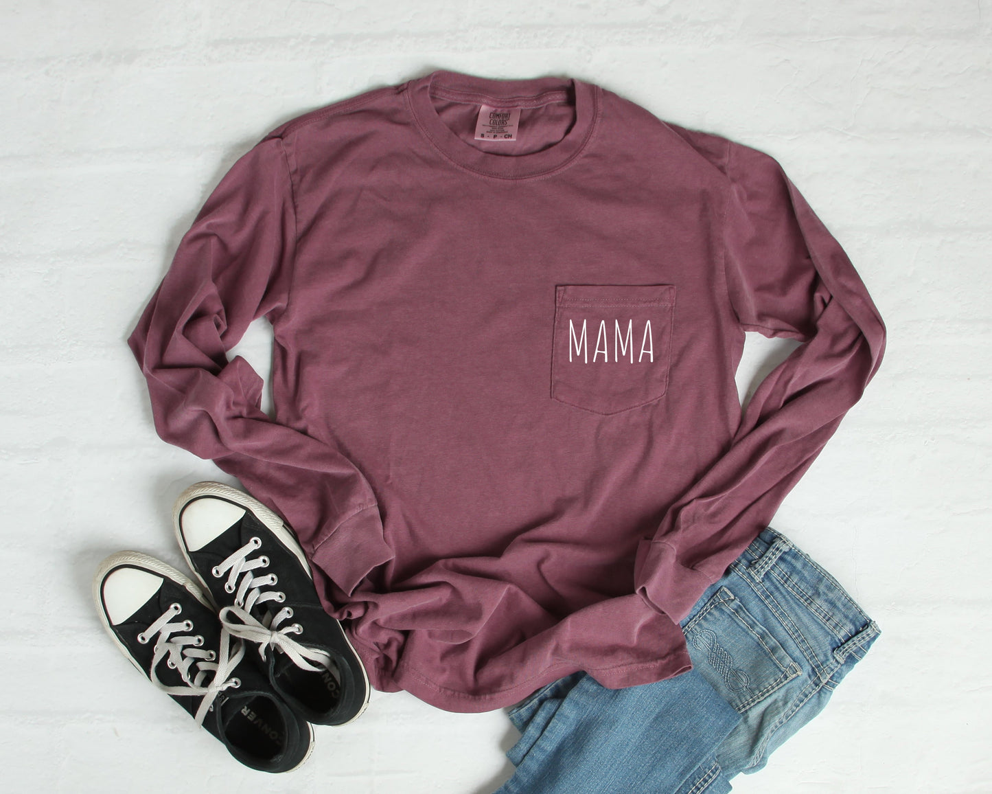 Comfort Colors Mama Pocket Long Sleeve Shirt (Cute)