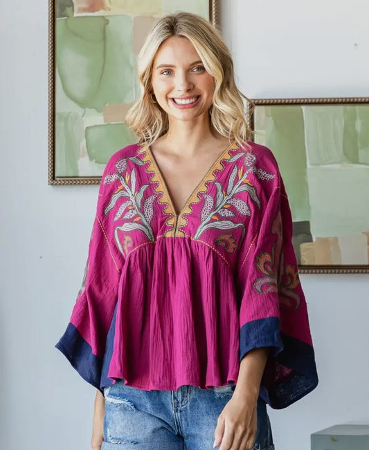 Dolly Embroidered Top Berry/Navy Combo