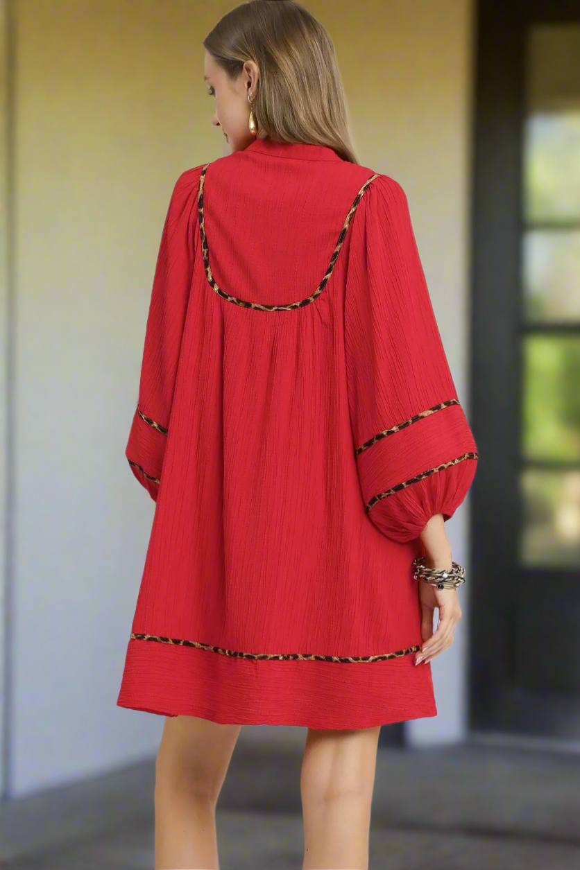 Umgee Textured Dress with Leopard Trim in Red