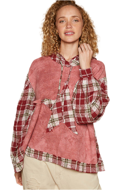 POL Star Patch Plaid Long Sleeve Hooded Top