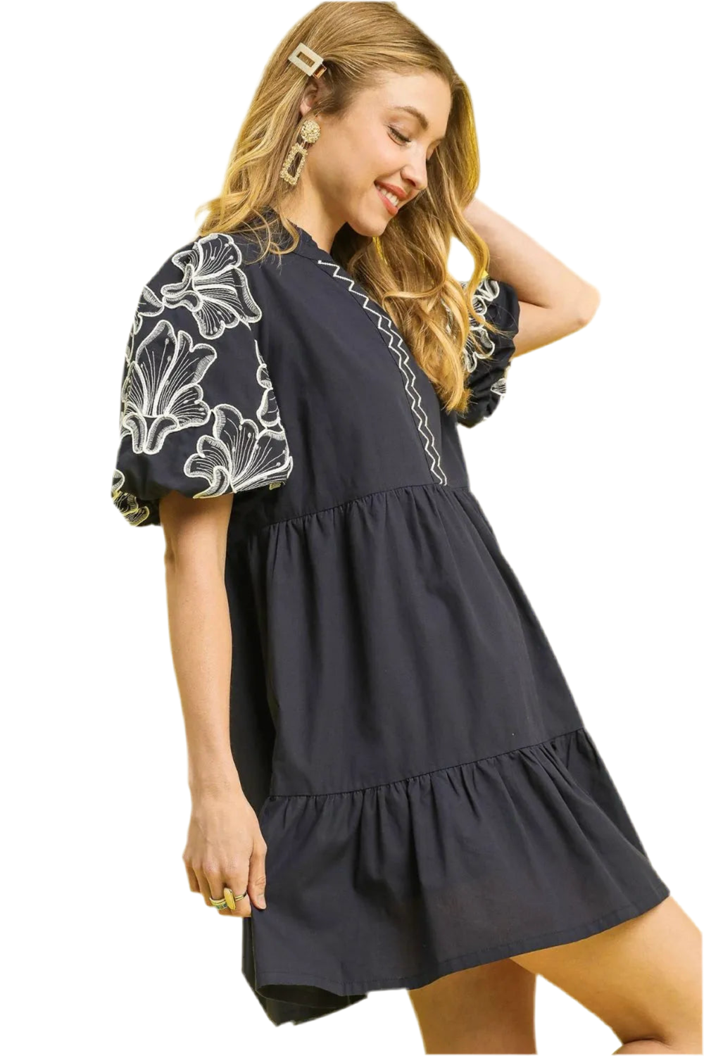Umgee Tiered Embroidered Puff Sleeve Mini Dress