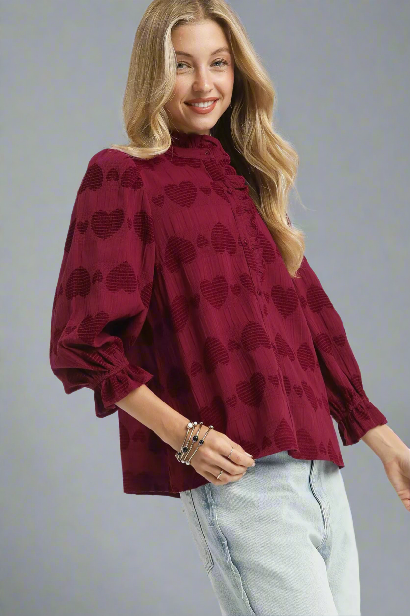 Umgee Heart Jacquard Ruffle Trim Shirt