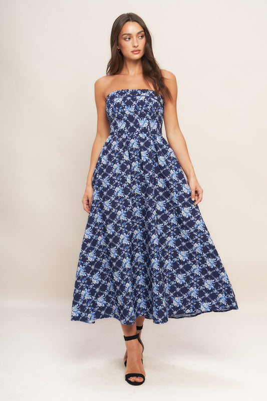 BLUE RENAISSANCE WOVEN MIDI DRESS