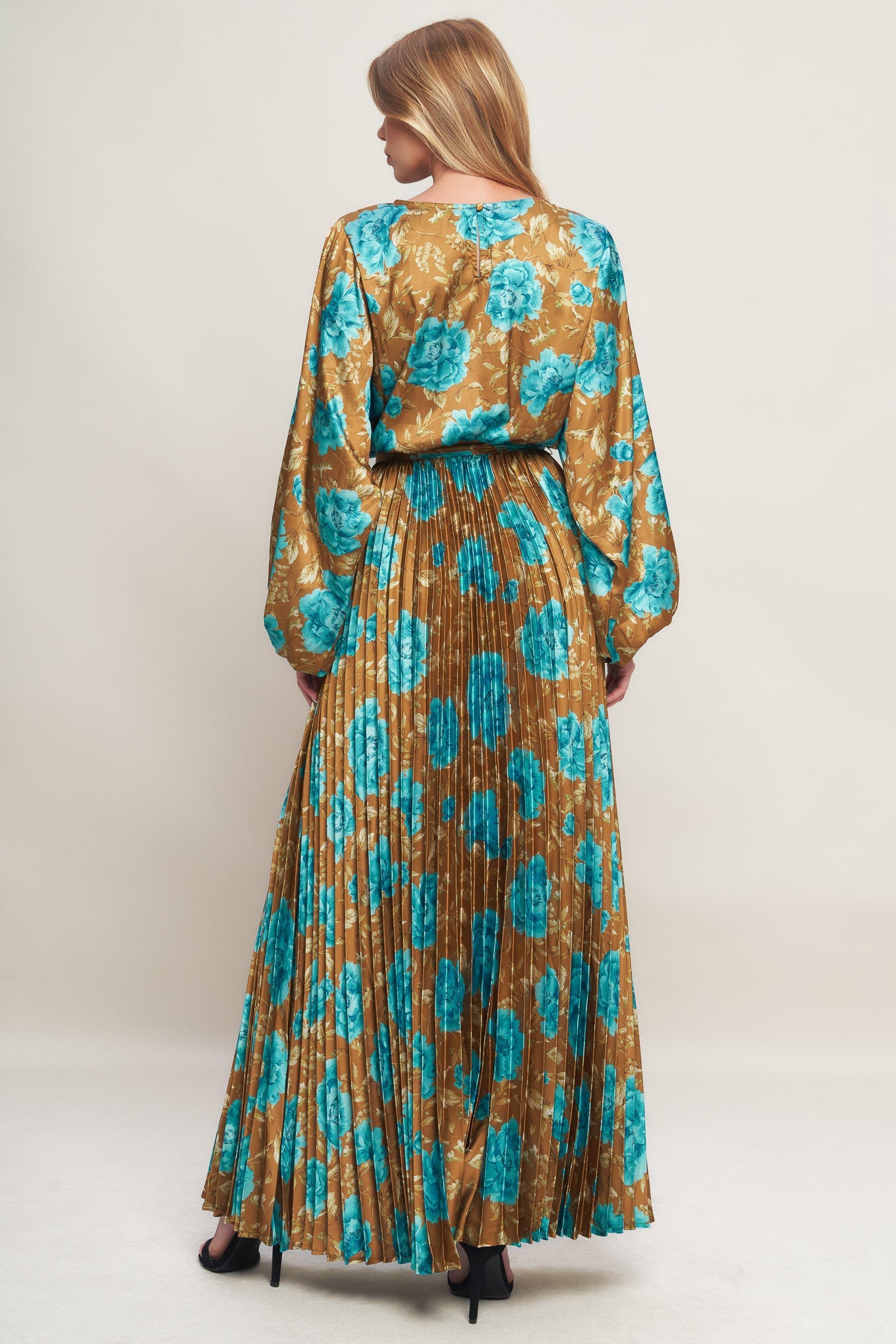 GOLDEN BLOOM LUXE WOVEN SATIN MAXI DRESS