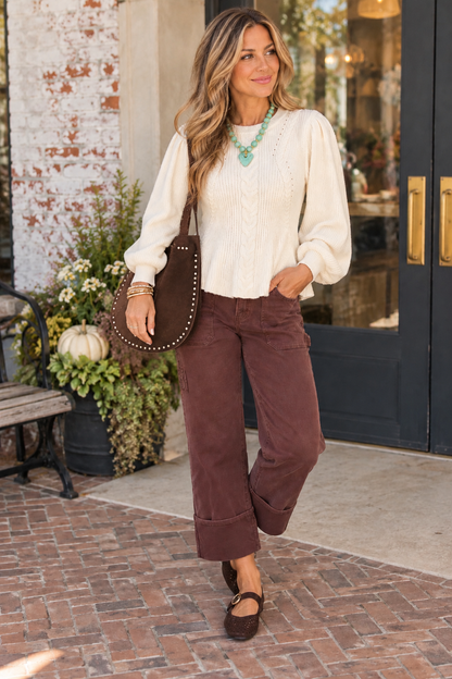 RISEN Mocha High Rise Wide Straight Cuffed Jeans