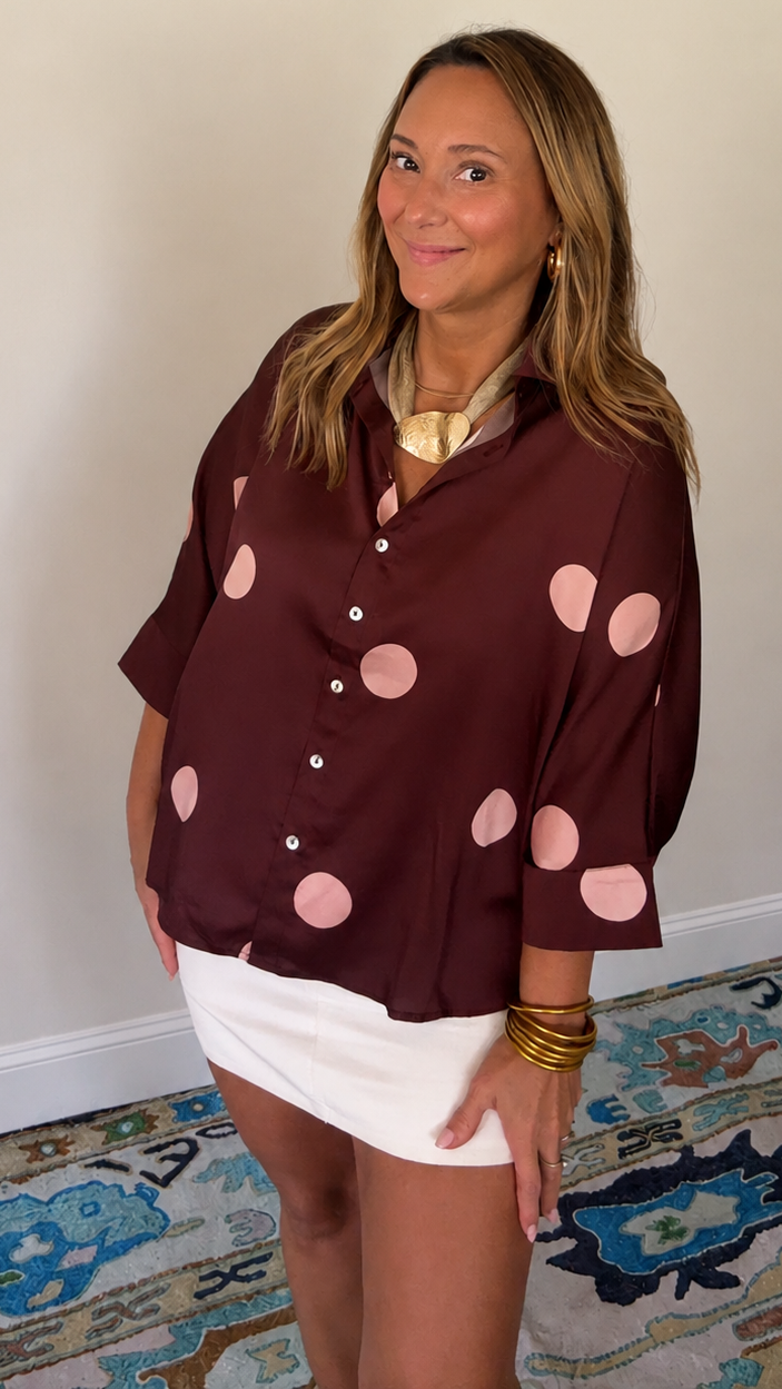 Blushing Mocha Dot Button-Up Top