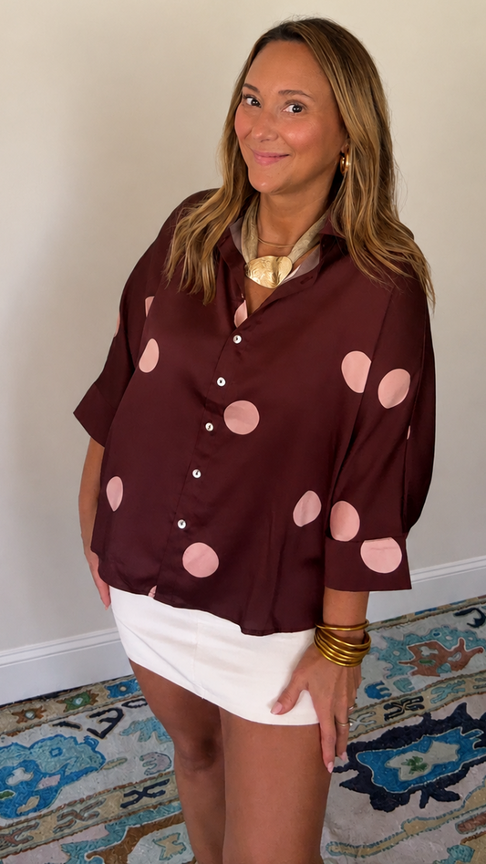 Blushing Mocha Dot Button-Up Top