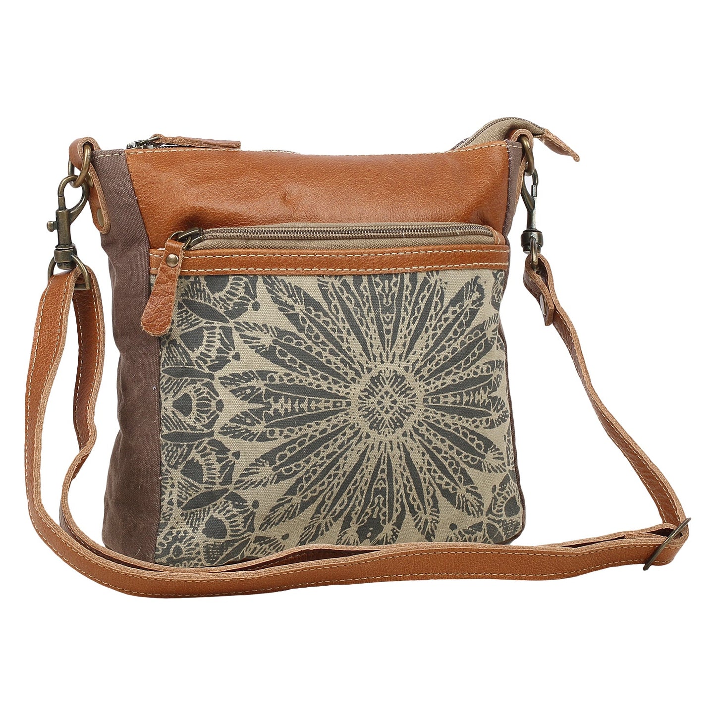 Myra Dizzy Circle Leather Shoulder Bag for Women â€“ Sunburst Floral Print, Adjustable Strap, Rustic Everyday Companion