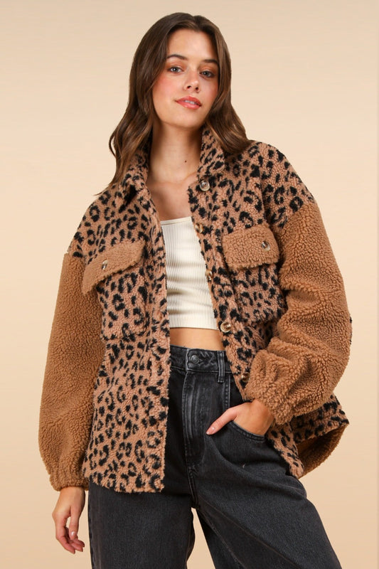 VERY J Fuzzy Leopard Button Down Long Sleeve Jacket