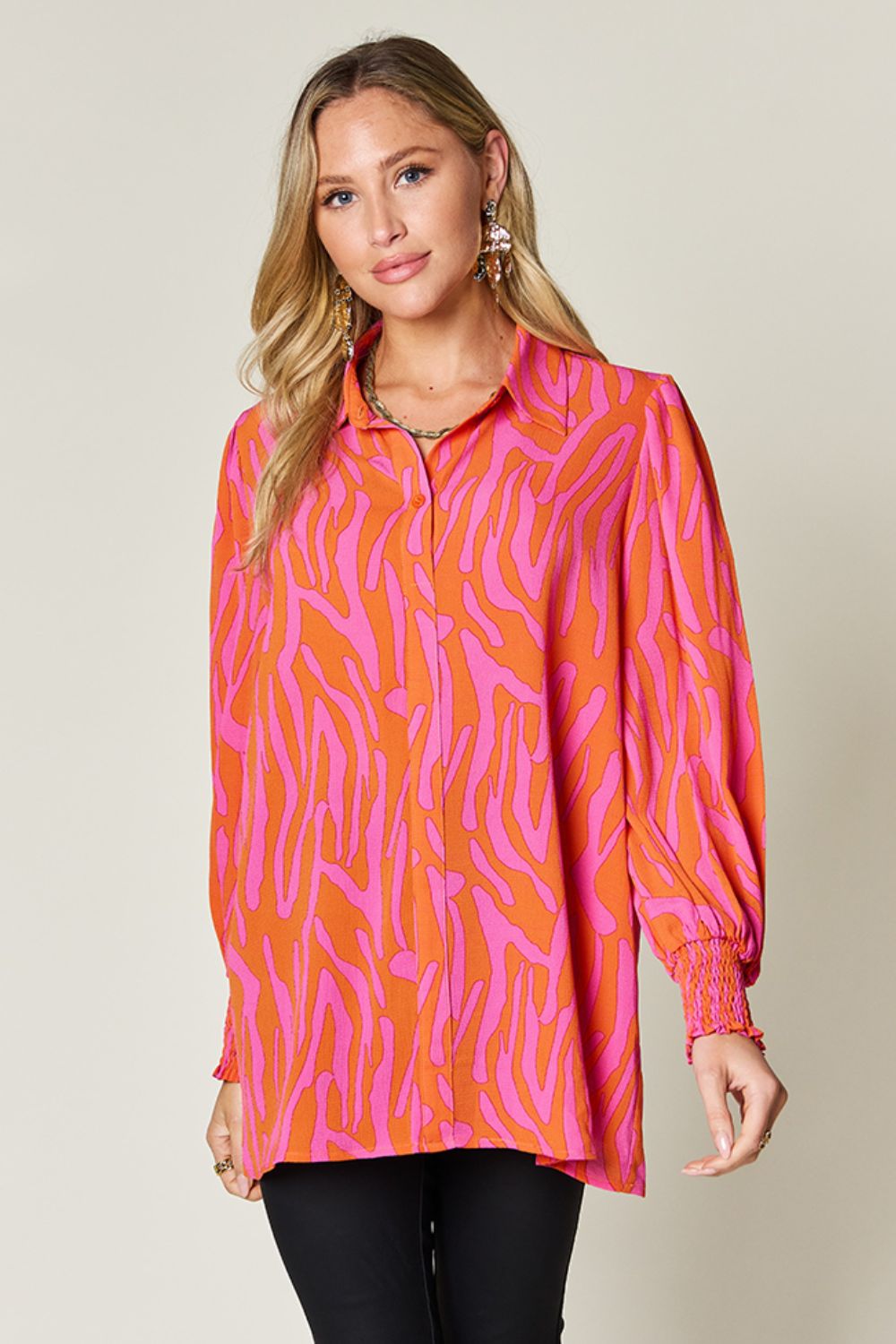 Isaac Double Take Printed Smocked Long Sleeve Blouse