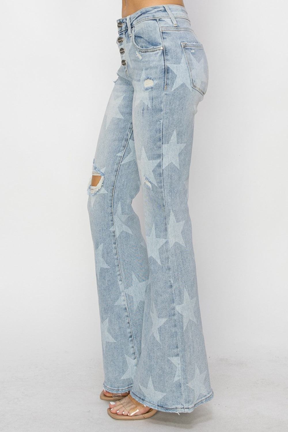 RISEN Mid Rise Button Fly Star Flare Jeans