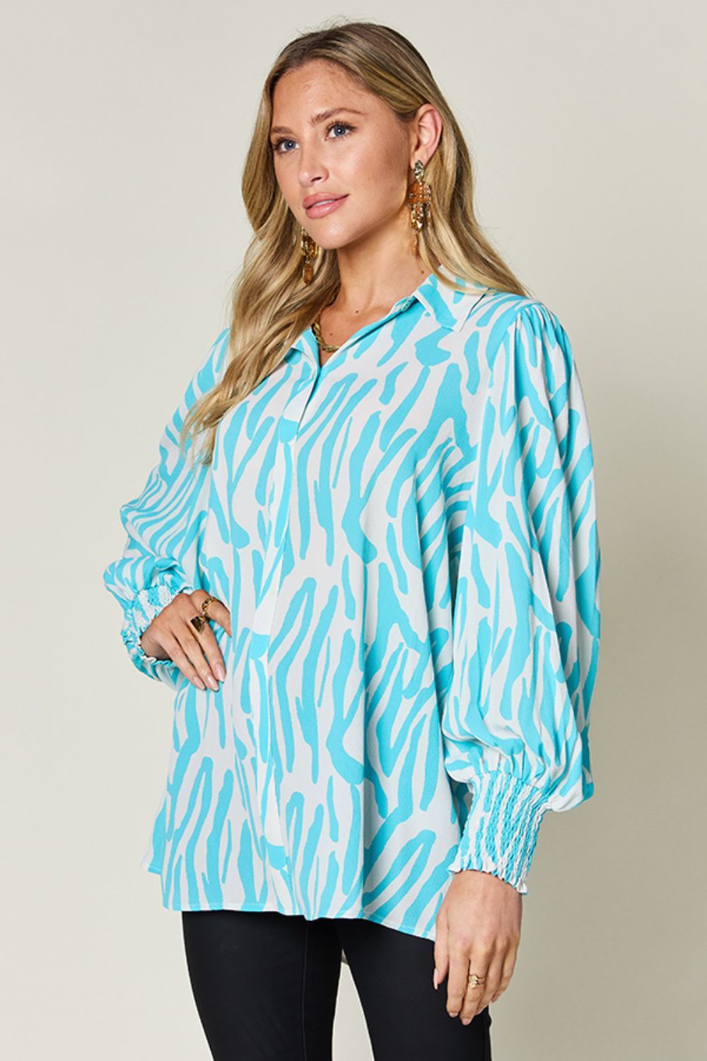 Isaac Double Take Printed Smocked Long Sleeve Blouse