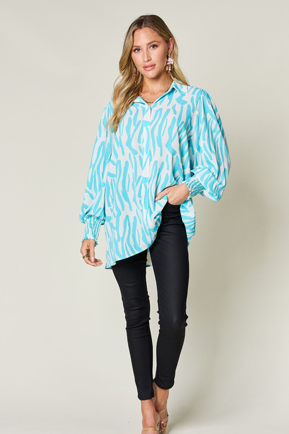 Isaac Double Take Printed Smocked Long Sleeve Blouse