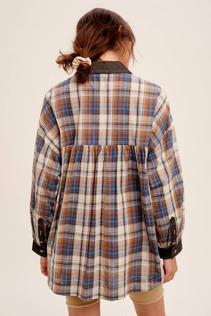 Mixed Plaid Oversized Button-Down Shirt