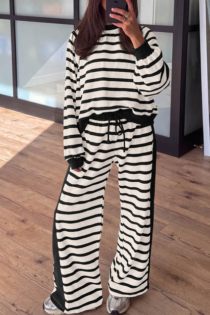 Khaki Stripe Relaxed Long Sleeve Top Color Block Detail Drawstring Pant Set