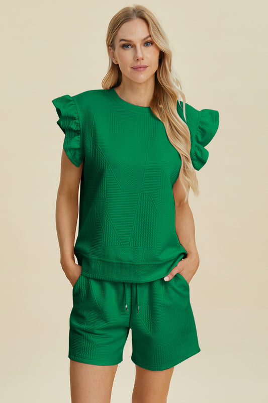 Double Take Texture Ruffle Sleeve Top and Shorts Set