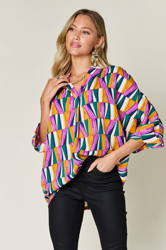 Double Take Geometric Notched Dolman Sleeve Top