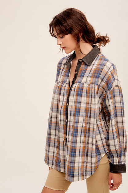 Mixed Plaid Oversized Button-Down Shirt