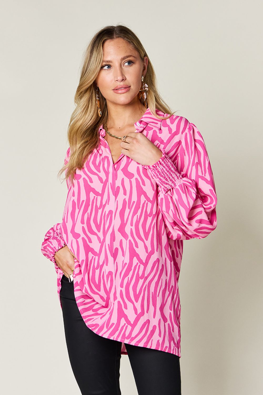 Isaac Double Take Printed Smocked Long Sleeve Blouse