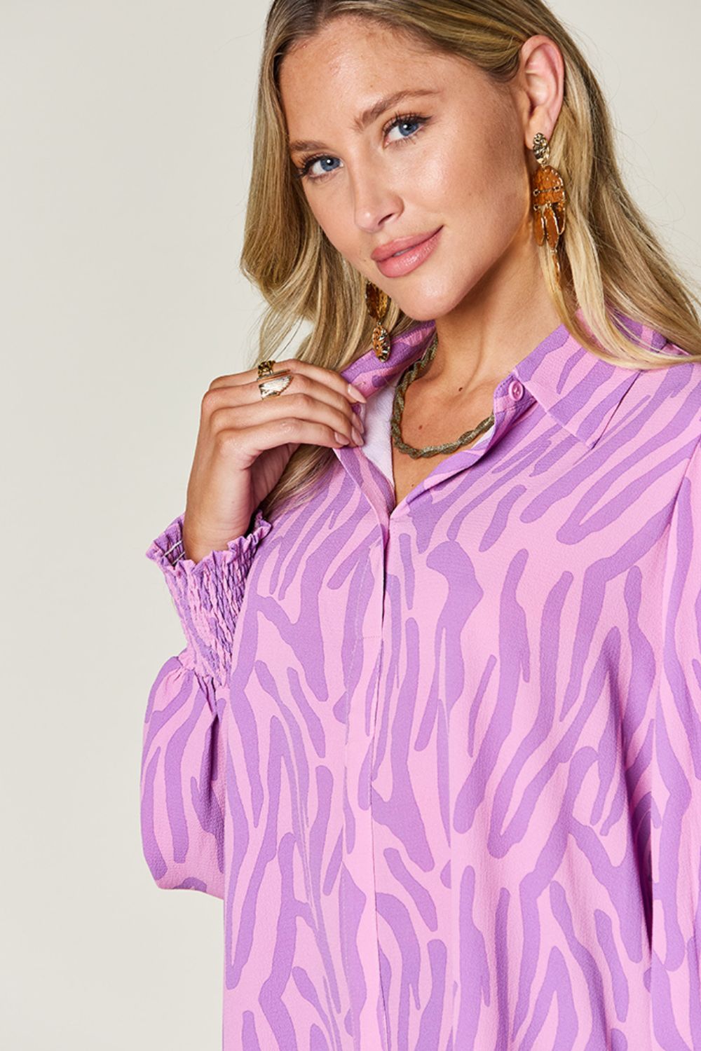 Isaac Double Take Printed Smocked Long Sleeve Blouse