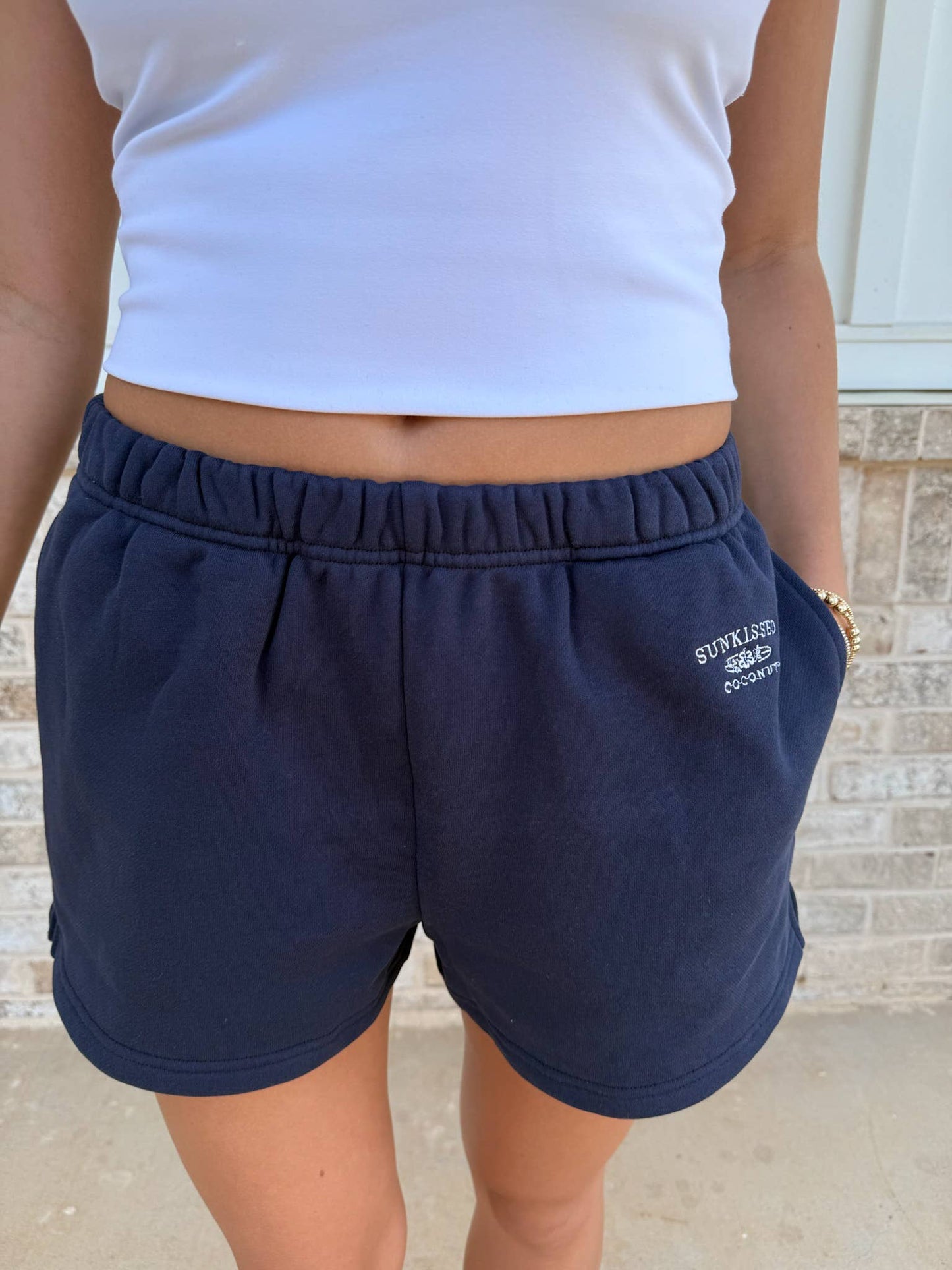 Navy Blue Embroidered Sweat Shorts 100% Cotton