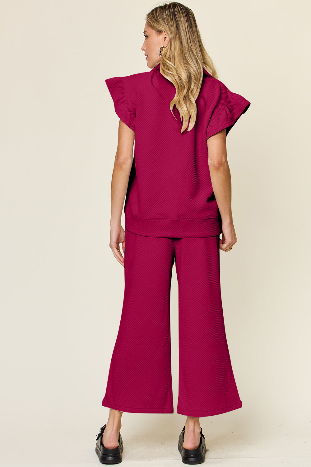 Double Take Texture Ruffle Wide Leg Pants Set