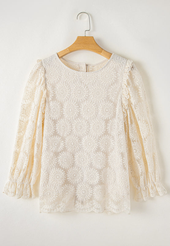 Flower Jacquard Flounce Sleeve Top