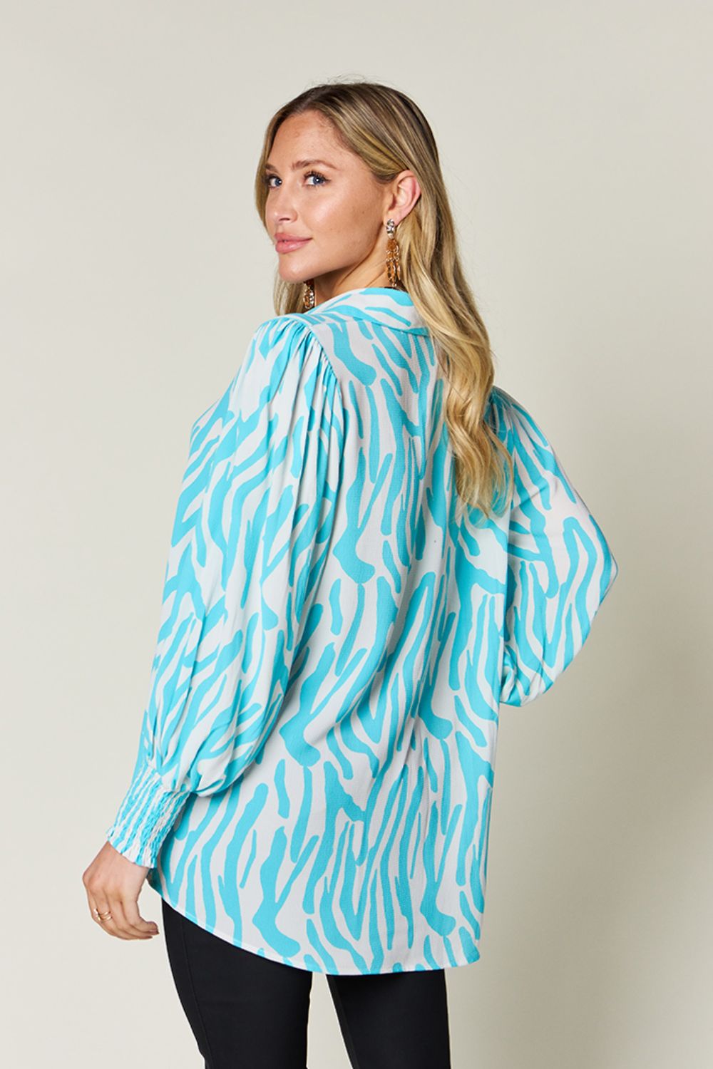 Isaac Double Take Printed Smocked Long Sleeve Blouse