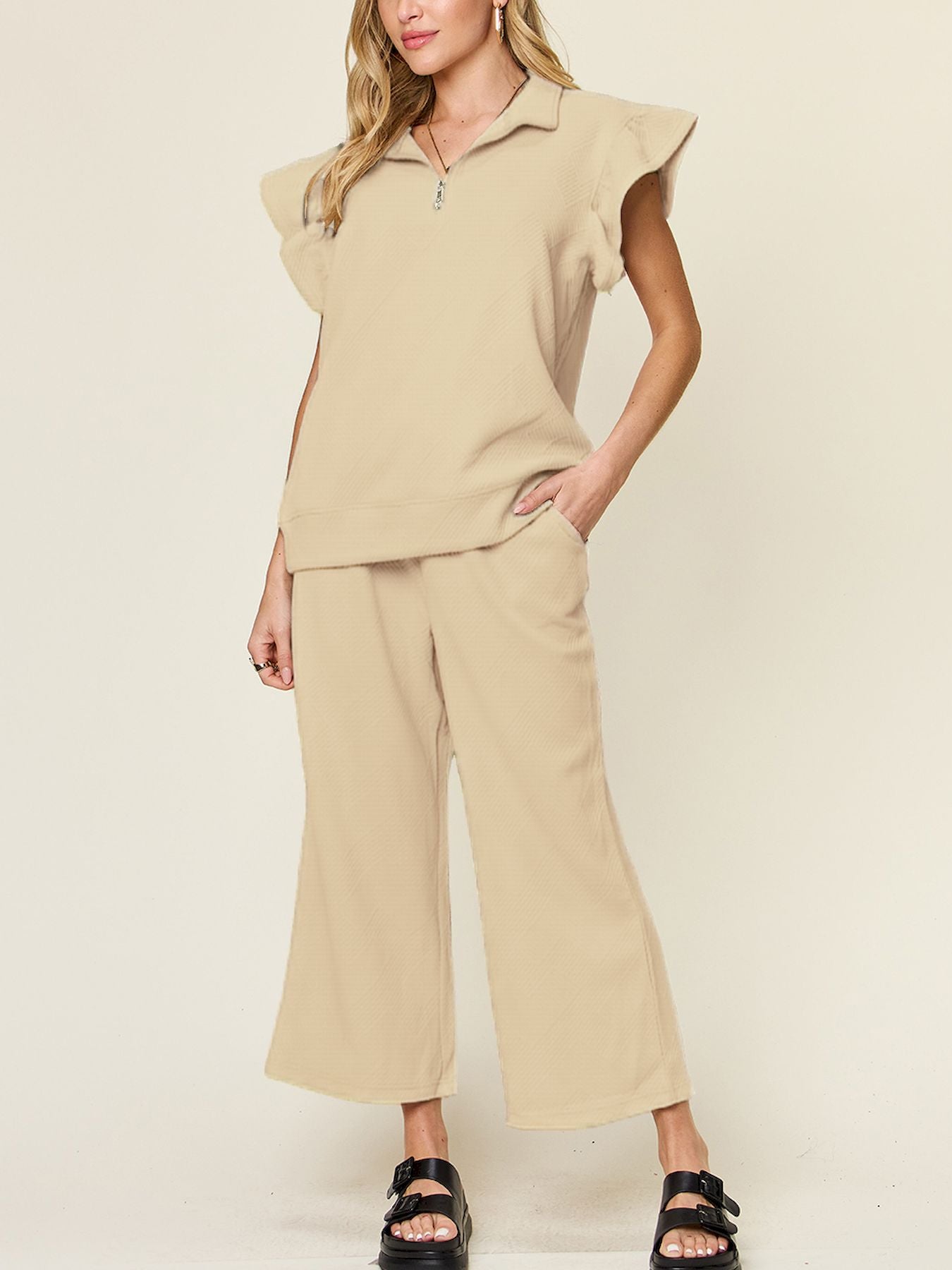 Double Take Texture Ruffle Wide Leg Pants Set