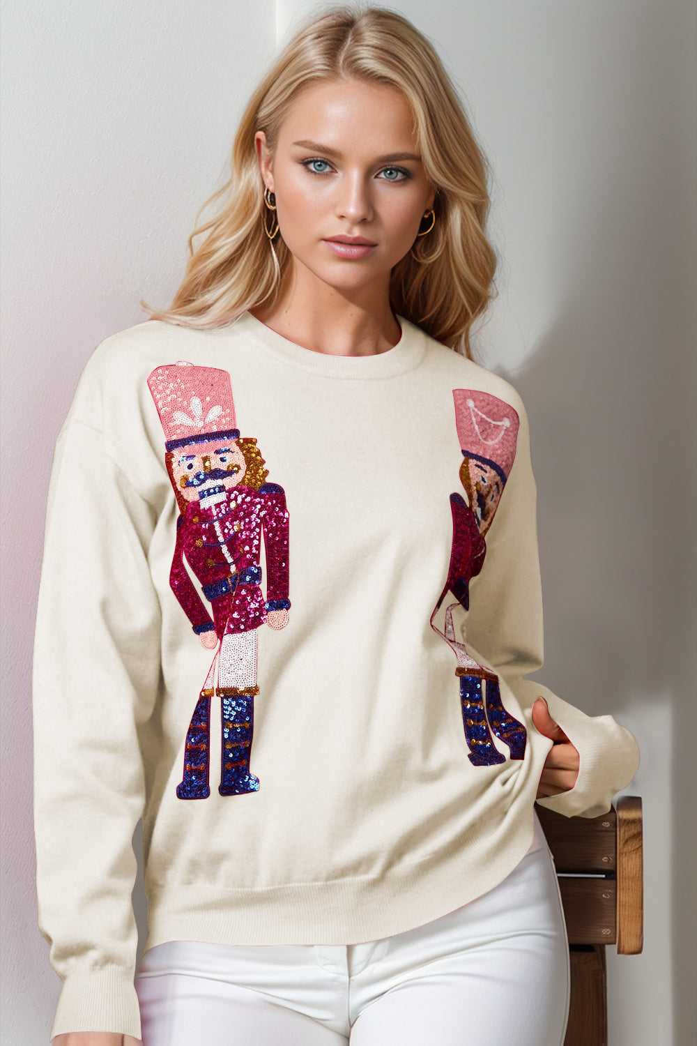 Double Take Nutcracker Sequin Long Sleeve Sweater