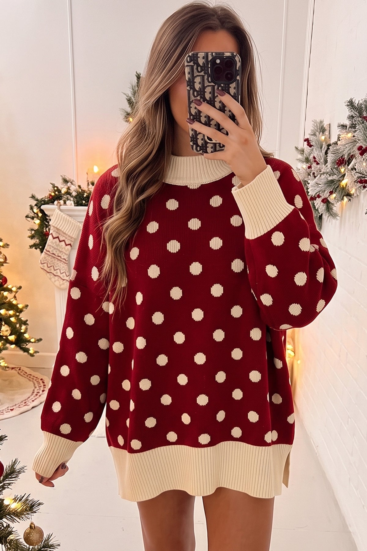 Green Polka Dot Pattern Ribbed Colorblock Trim Split Tunic Sweater