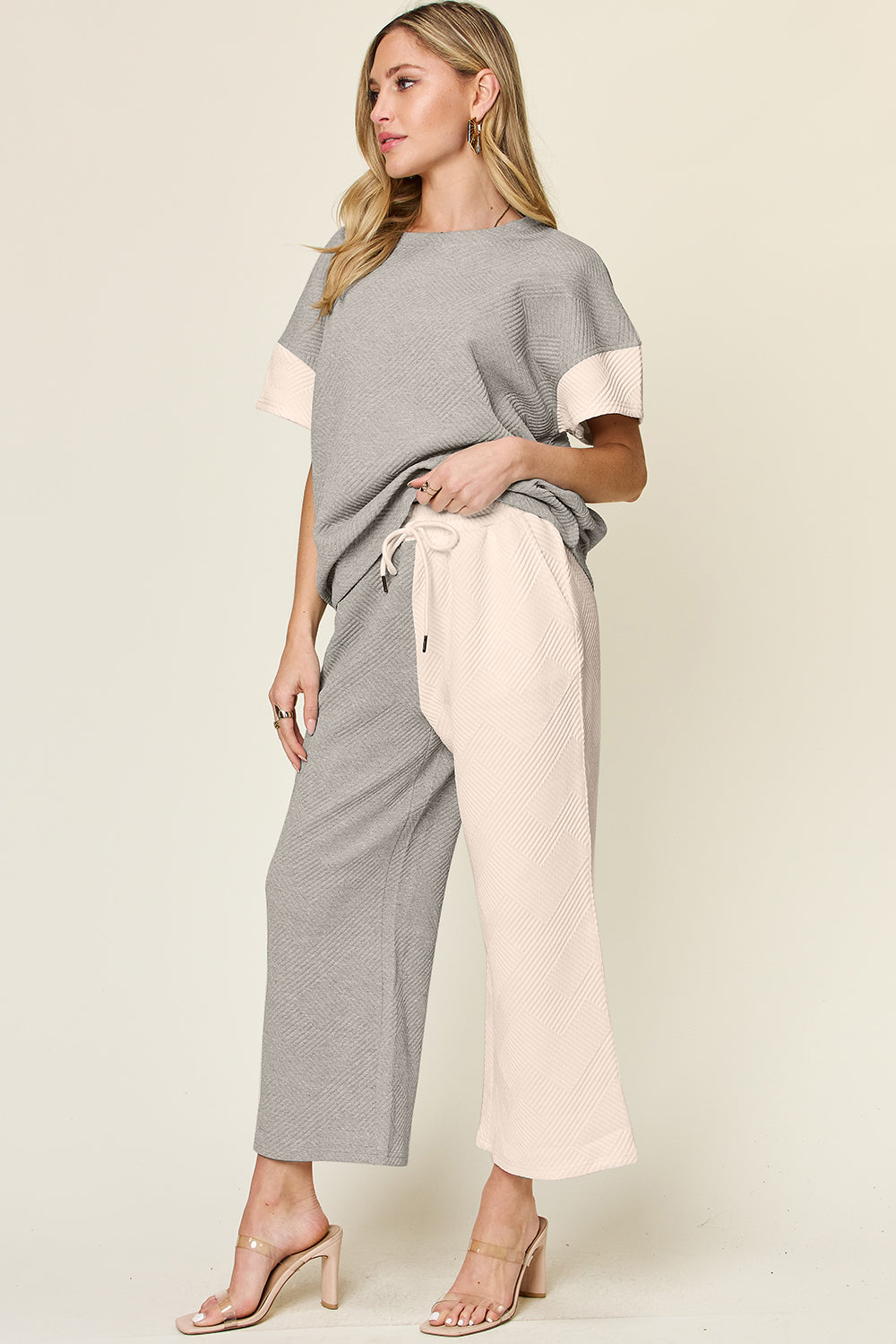 Double Take Texture Wide Leg Pants Set