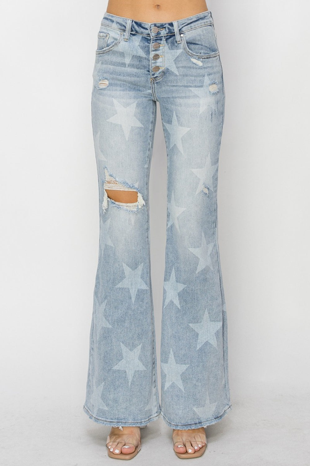 RISEN Mid Rise Button Fly Star Flare Jeans