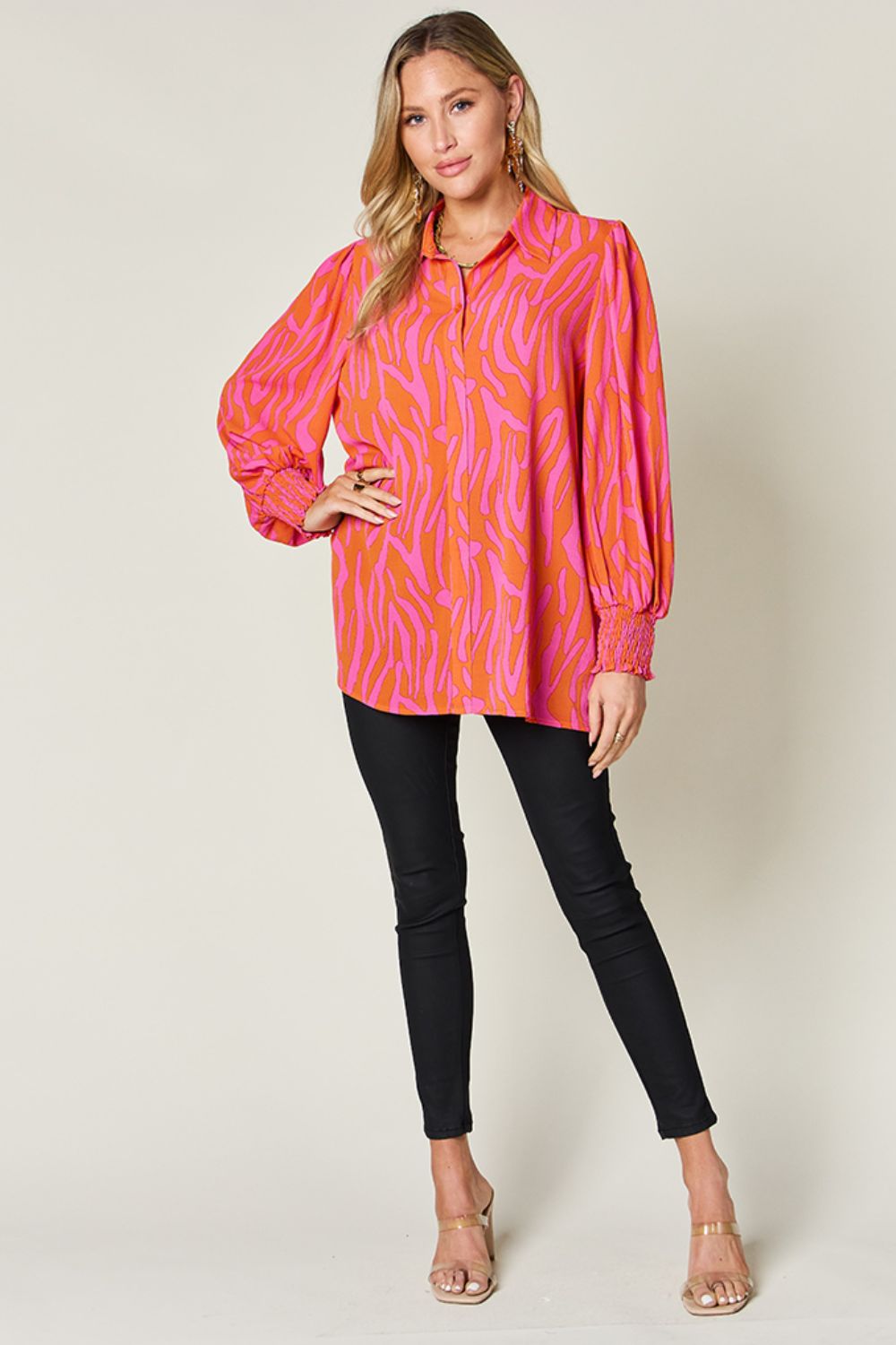 Isaac Double Take Printed Smocked Long Sleeve Blouse