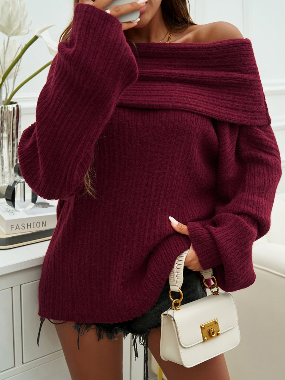 Devine Off-Shoulder Extra-Long Sleeve Sweater