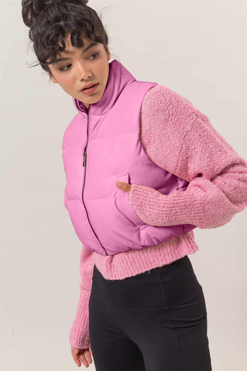 HYFVE Pink Leather Cropped Puffer Vest