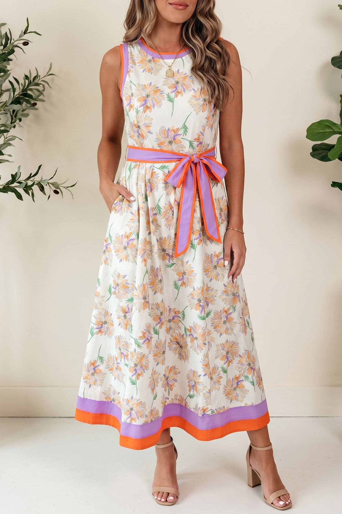 Floral Colorblock Trim Belted Sleeveless Maxi Dress