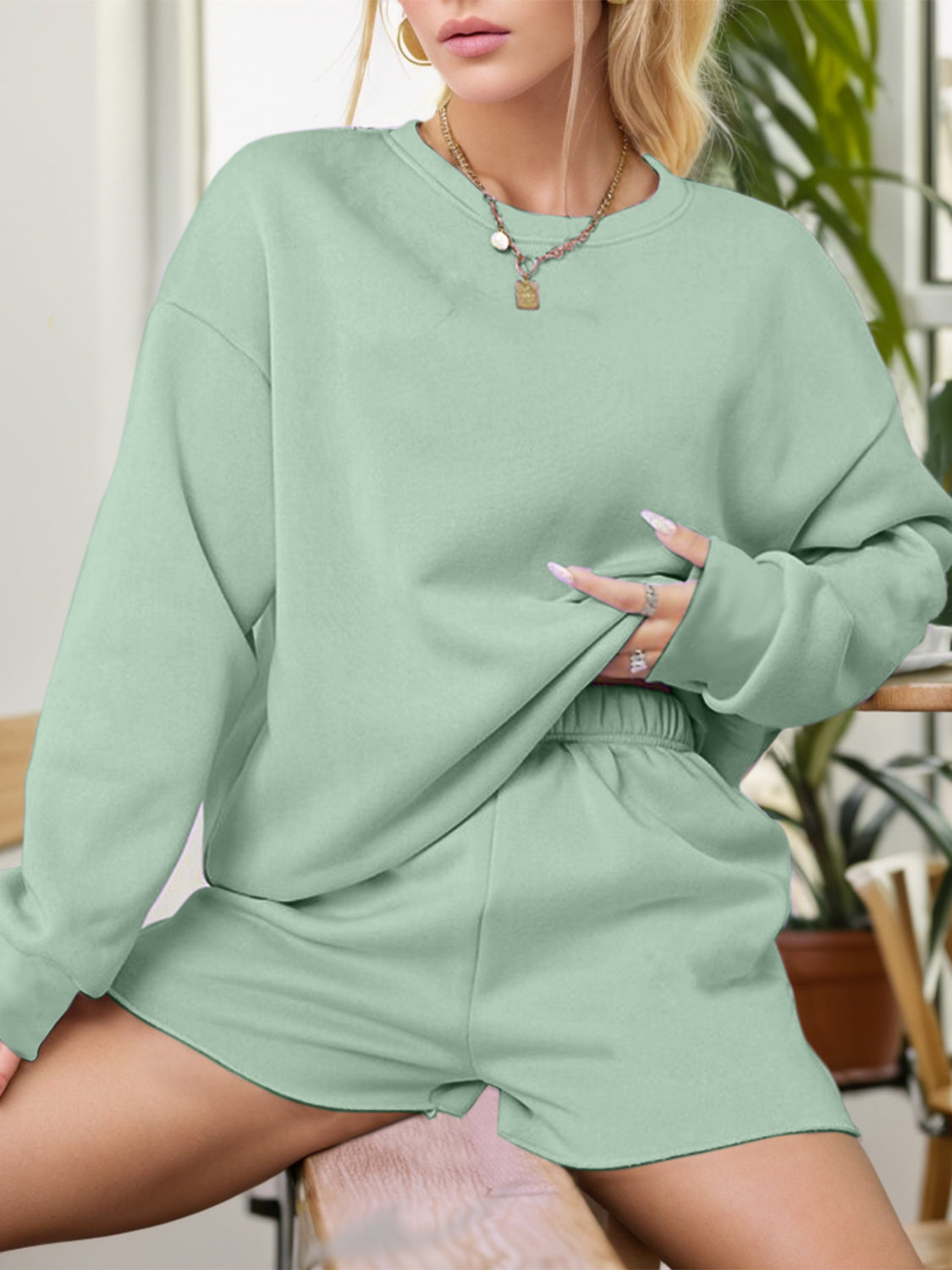 100% Cotton Round Neck Sweatshirt and Shorts Set