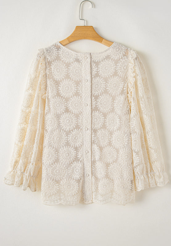 Flower Jacquard Flounce Sleeve Top