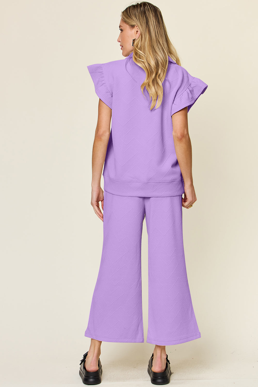 Double Take Texture Ruffle Wide Leg Pants Set